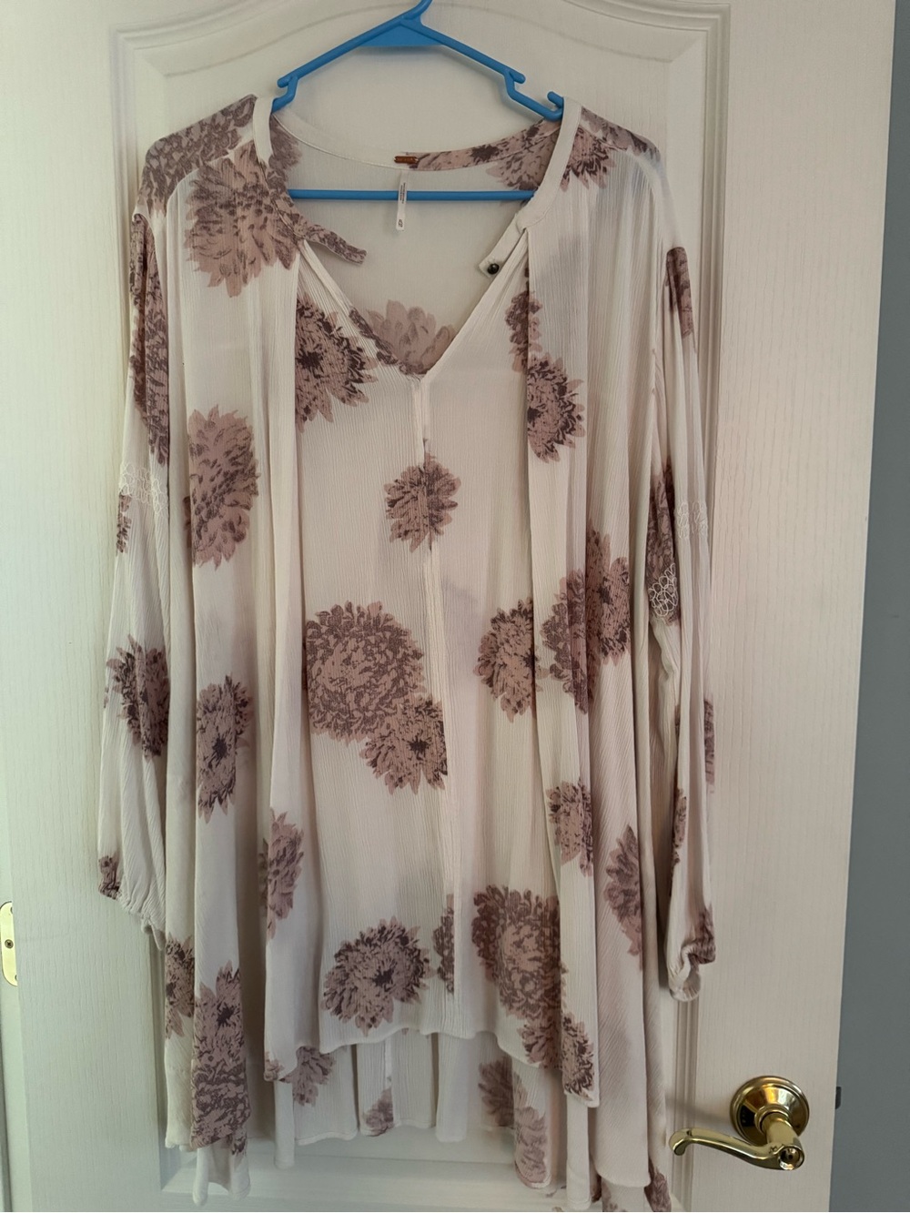 Free People Floral Split-Neck Tunic in Cream and Taupe Sz Large